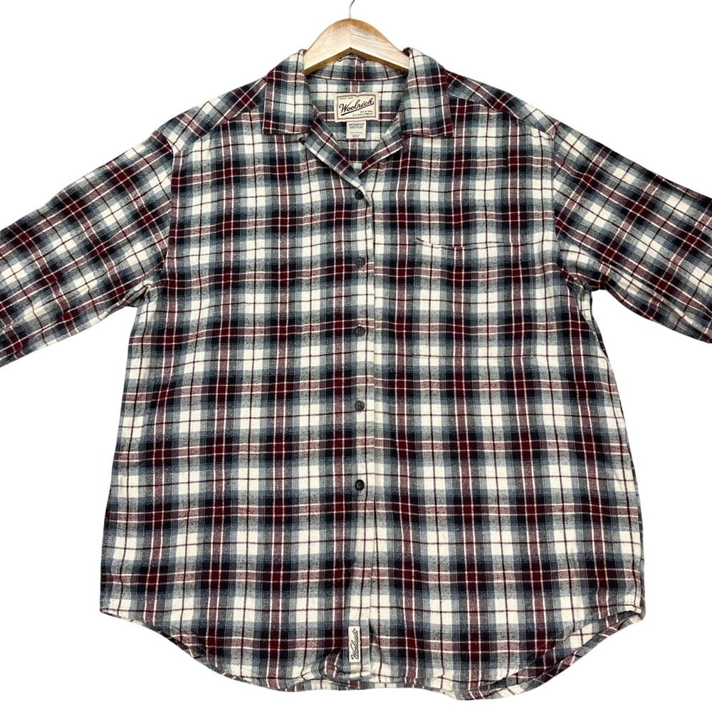 Woolrich Button Down Shirt Womens Medium Red Black Cream Plaid Flannel Twill EUC